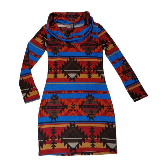 Rue21 Dresses & Skirts - Rue 21 Aztec Print Dress Junior Womens Medium Cowl Neck Long Sleeve Western‎